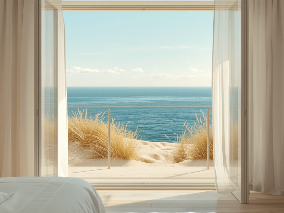 Frisch bezogenes Bett in einer Ferienwohnung, offene Balkontür mit Blick auf die Ostsee